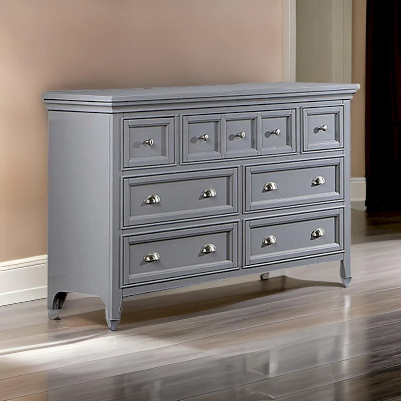 Commode Cile de 56 pouces, 7 tiroirs coulissants, bois gris, poignées rondes nickelées