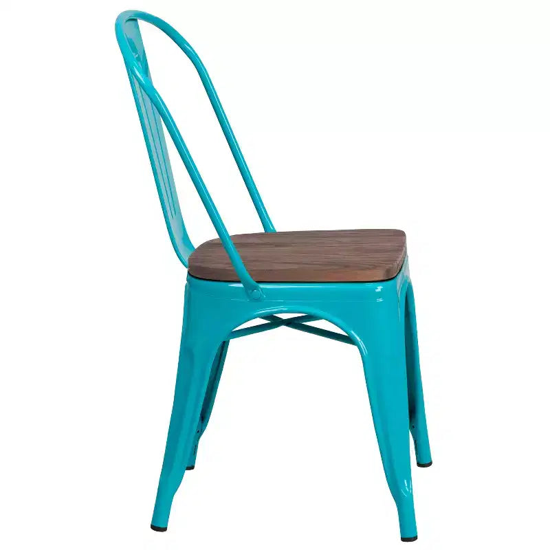 Chaise de salle à manger empilable en métal coloré avec assise en bois, capacité de 227 kg