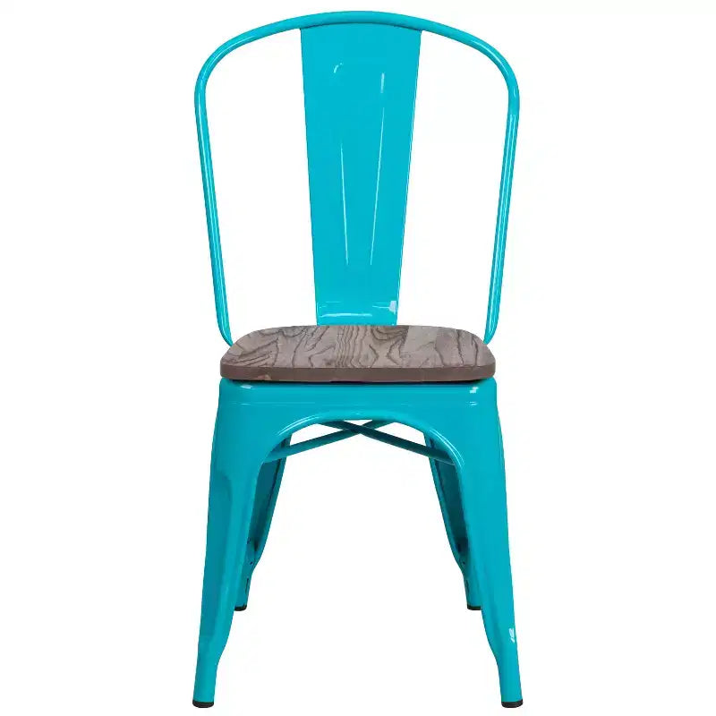 Chaise de salle à manger empilable en métal coloré avec assise en bois, capacité de 227 kg