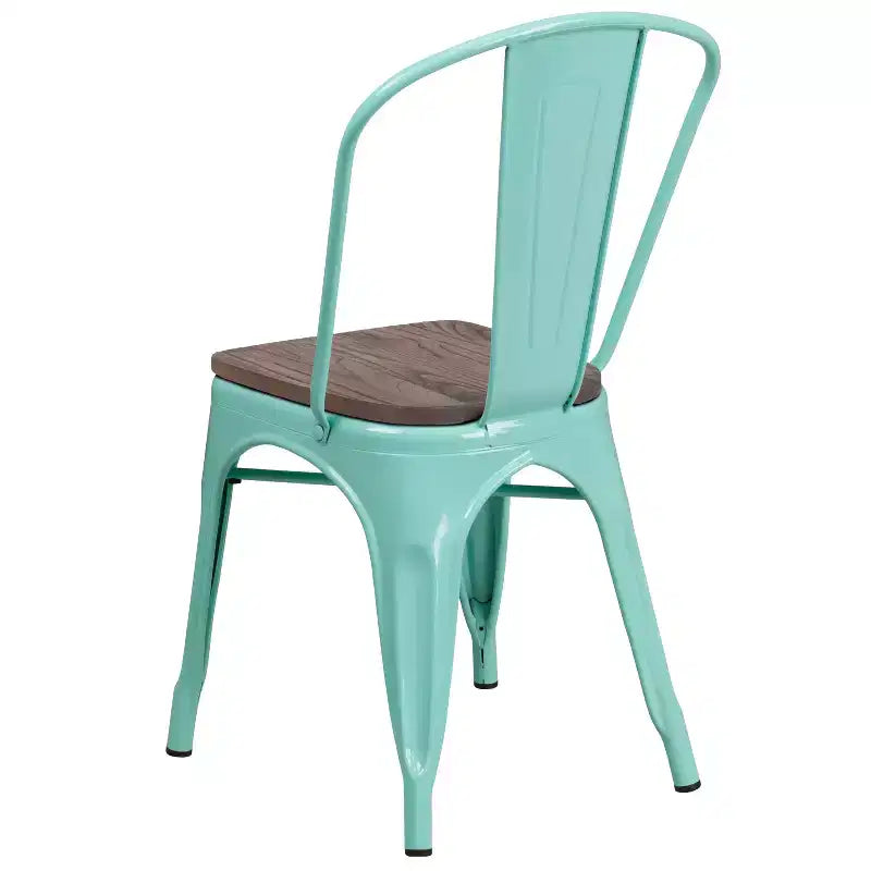 Chaise de salle à manger empilable en métal coloré avec assise en bois, capacité de 227 kg