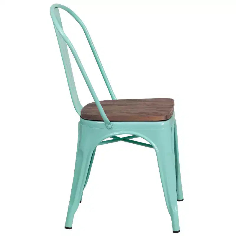 Chaise de salle à manger empilable en métal coloré avec assise en bois, capacité de 227 kg