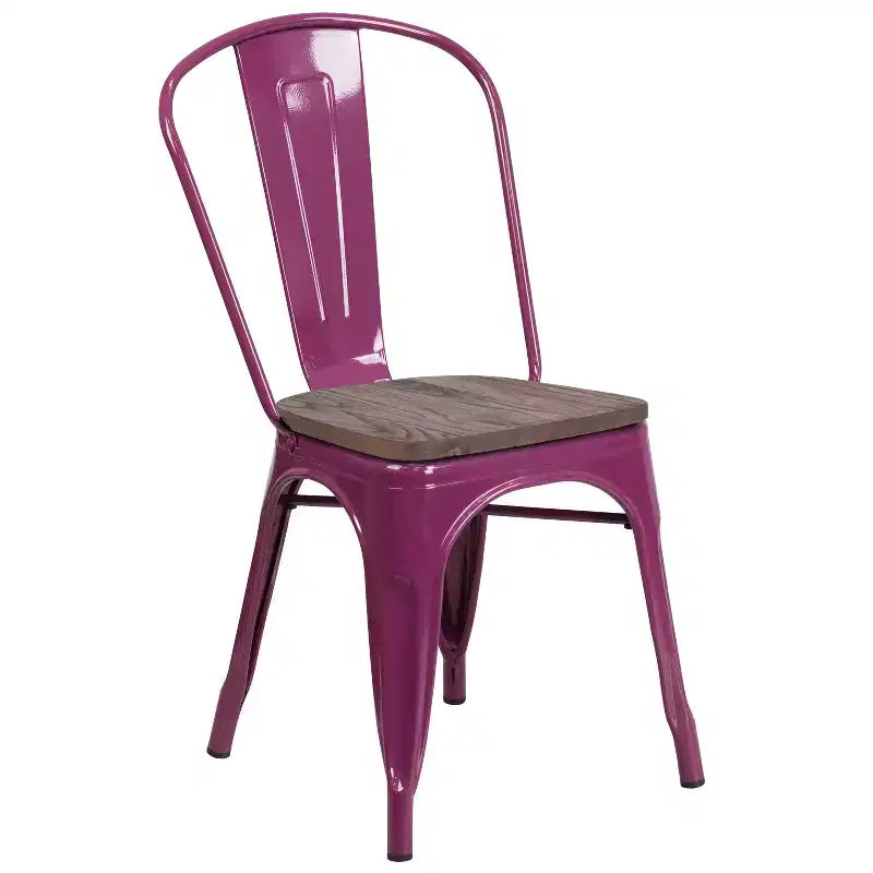 Chaise de salle à manger empilable en métal coloré avec assise en bois, capacité de 227 kg