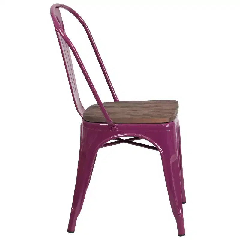 Chaise de salle à manger empilable en métal coloré avec assise en bois, capacité de 227 kg