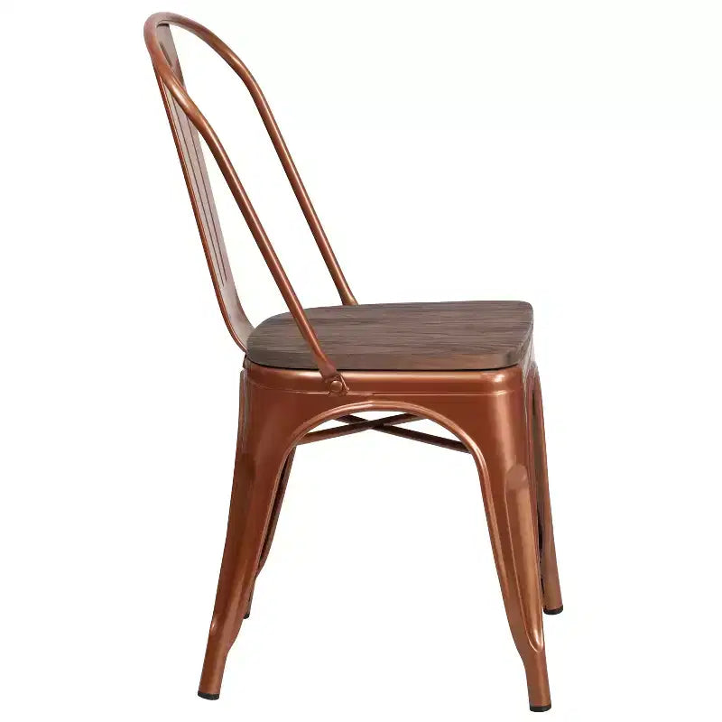 Chaise de salle à manger empilable en métal coloré avec assise en bois, capacité de 227 kg