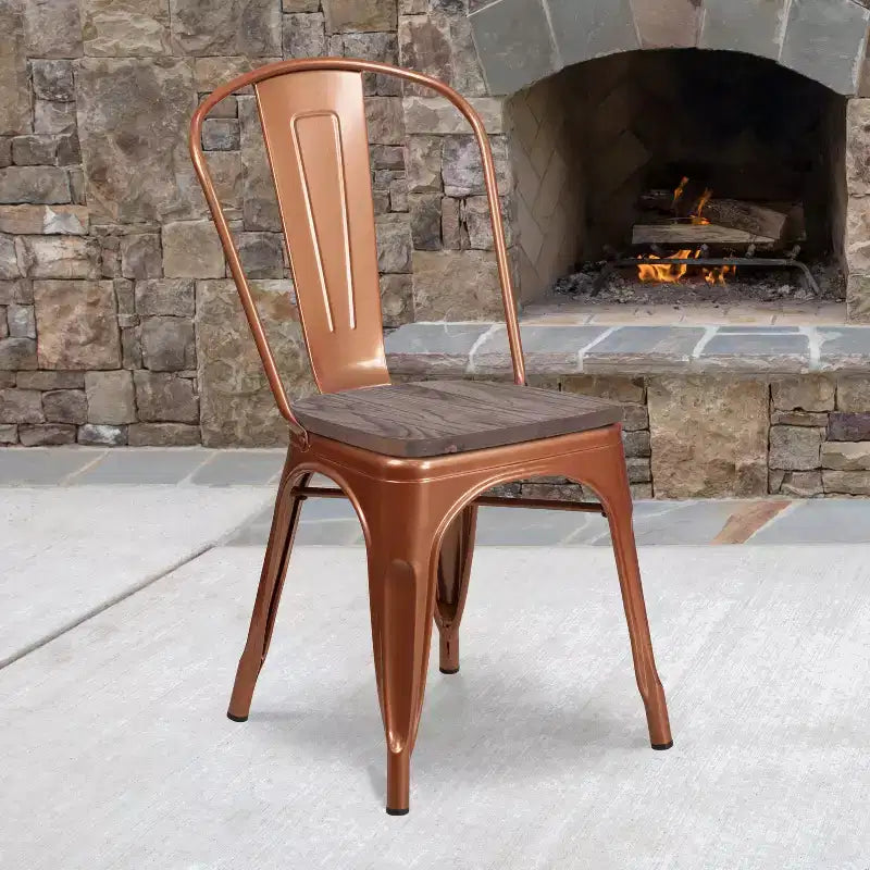 Chaise de salle à manger empilable en métal coloré avec assise en bois, capacité de 227 kg