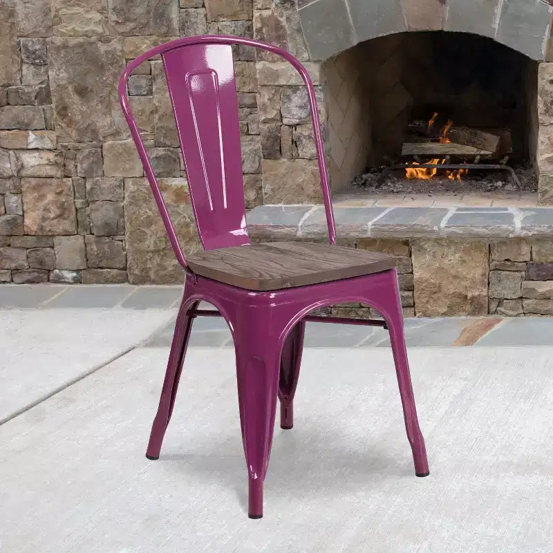 Chaise de salle à manger empilable en métal coloré avec assise en bois, capacité de 227 kg