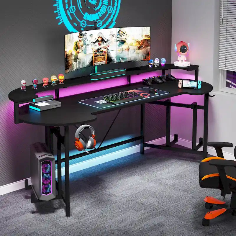 Bureau de gaming avec étagère pour moniteur, bureau d'ordinateur de 75 pouces avec bande LED