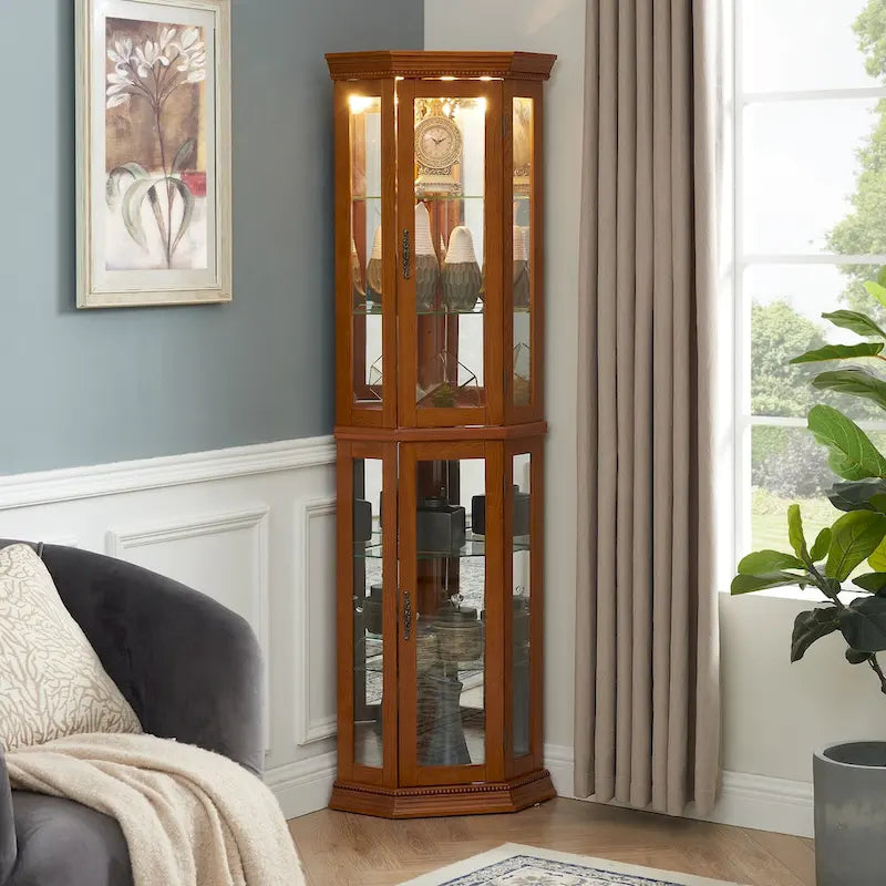 Vitrine d'angle avec éclairage, étagères réglables en verre trempé, fond miroir, meuble vitrine