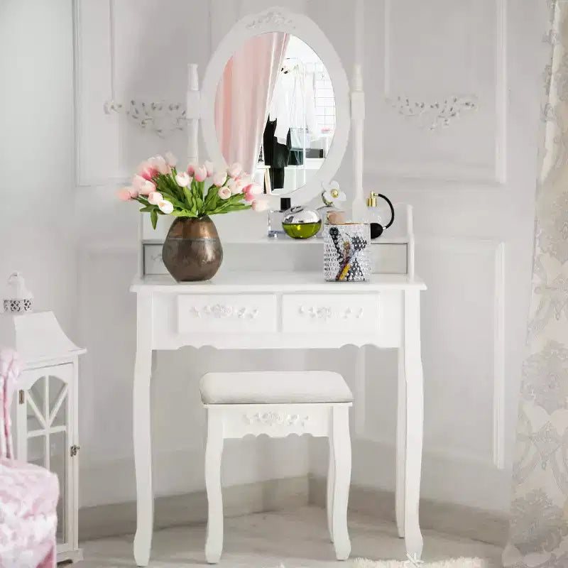 Coiffeuse en bois avec tabouret et 4 tiroirs, Noir/Blanc