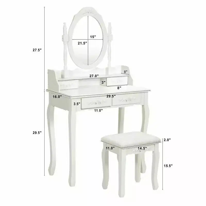 Coiffeuse en bois avec tabouret et 4 tiroirs, Noir/Blanc
