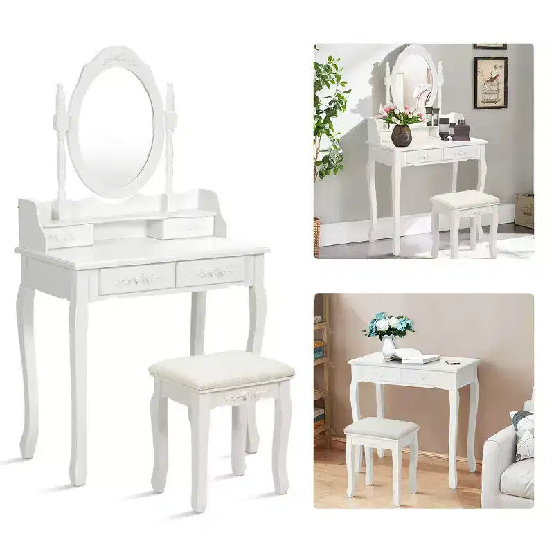 Coiffeuse en bois avec tabouret et 4 tiroirs, Noir/Blanc