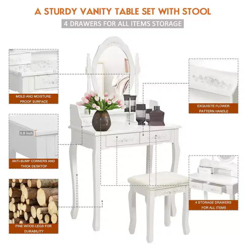 Coiffeuse en bois avec tabouret et 4 tiroirs, Noir/Blanc