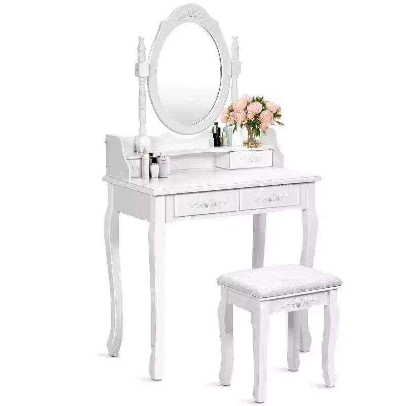 Coiffeuse en bois avec tabouret et 4 tiroirs, Noir/Blanc