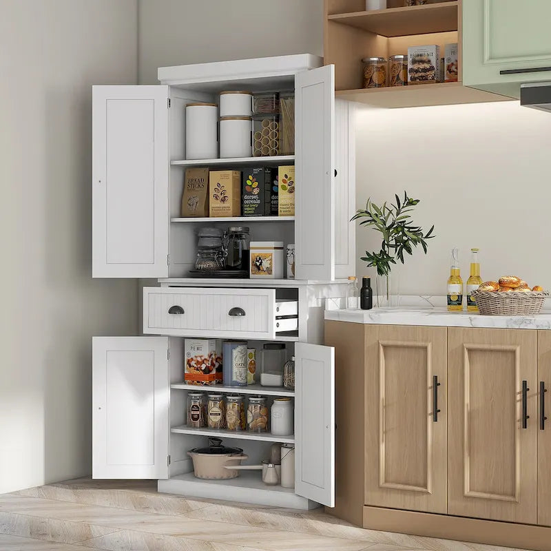 Meuble de rangement de cuisine autoportant traditionnel de 72 pouces avec 4 portes et 3 étagères réglables, grand tiroir central