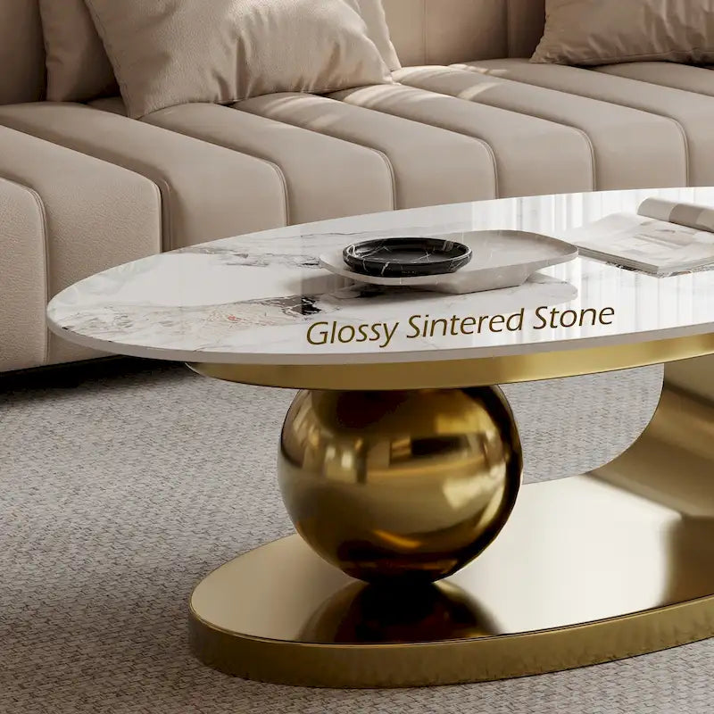 Table basse ovale moderne Pandora 51 avec plateau en pierre frittée brillante, table basse de luxe, pieds en acier inoxydable pour salon
