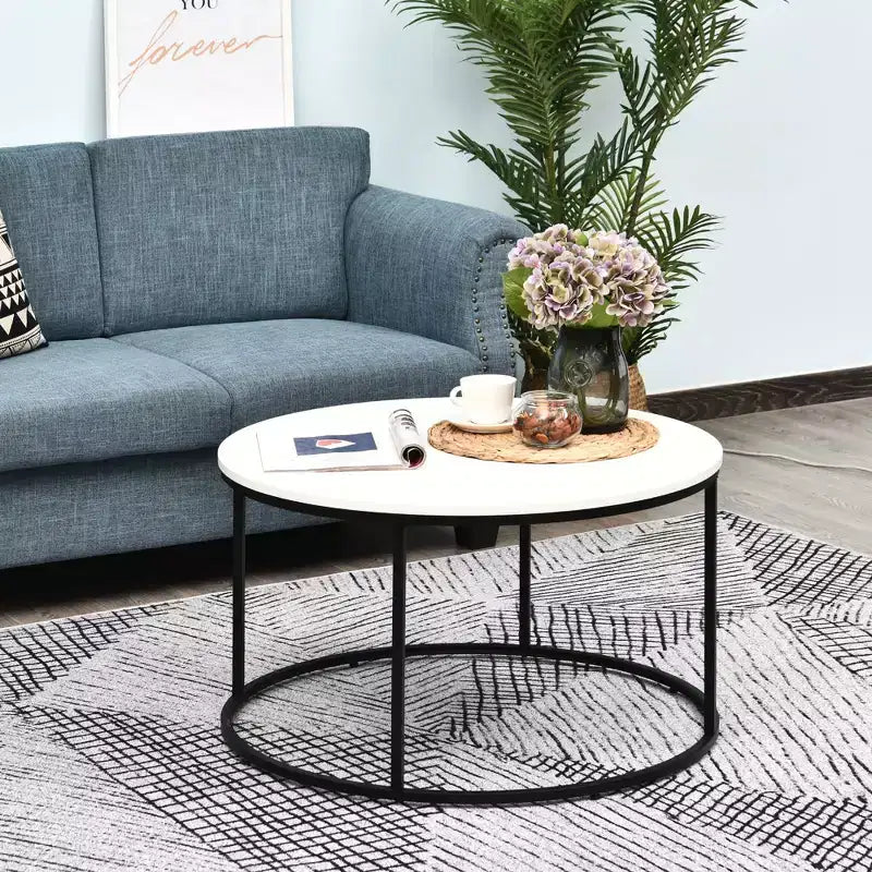 Table basse ronde moderne avec cadre en métal noir, blanc, 80 cm