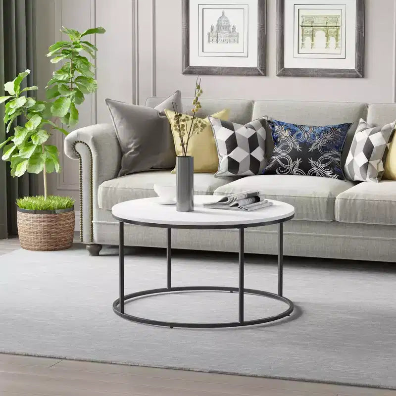 Table basse ronde moderne avec cadre en métal noir, blanc, 80 cm