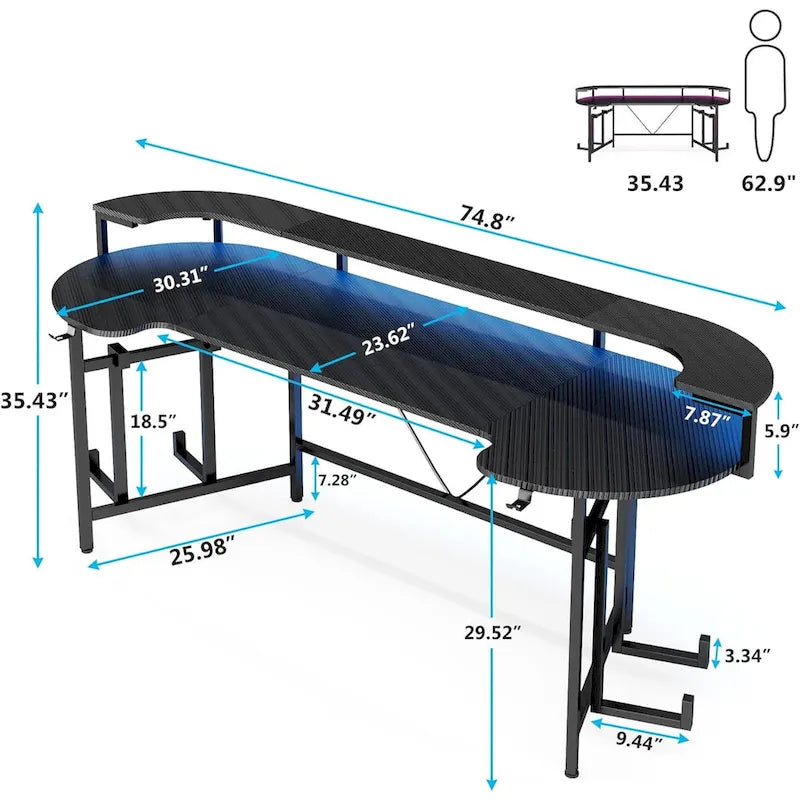 Bureau de gaming avec étagère pour moniteur, bureau d'ordinateur de 75 pouces avec bande LED