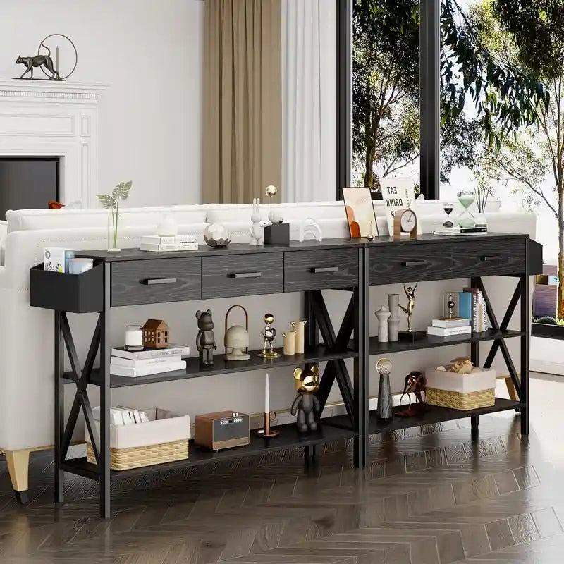 Console avec 3 tiroirs, table de canapé d'entrée avec 3 étagères de rangement