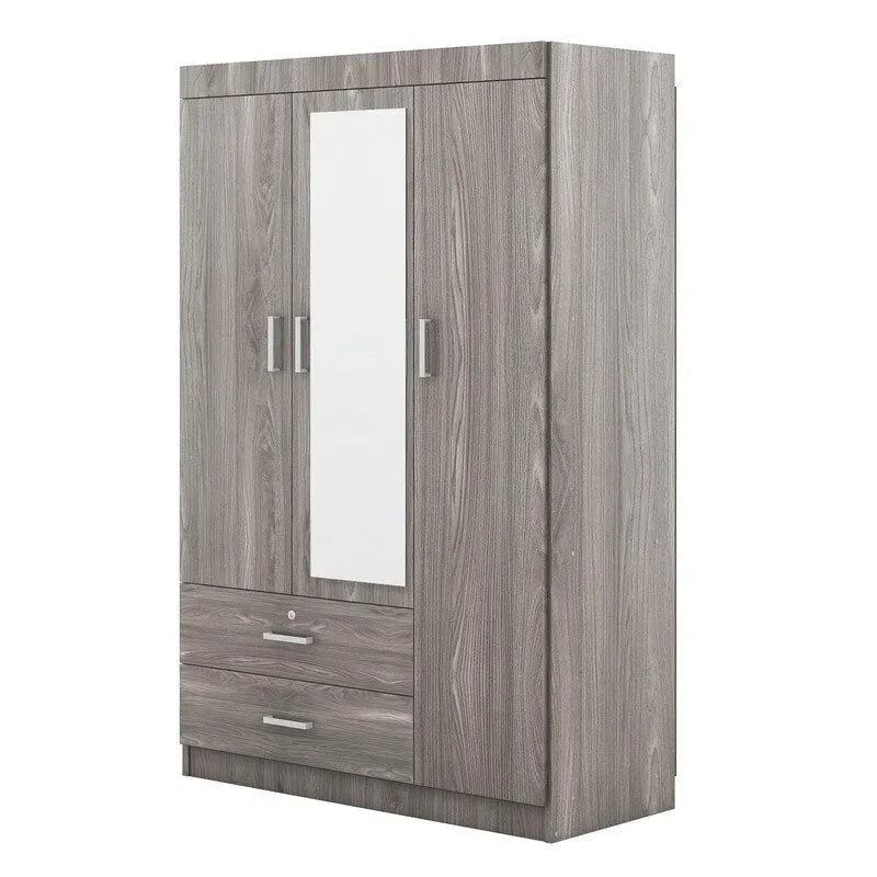 Armoire penderie 3 portes avec miroirs, étagères et 2 tiroirs
