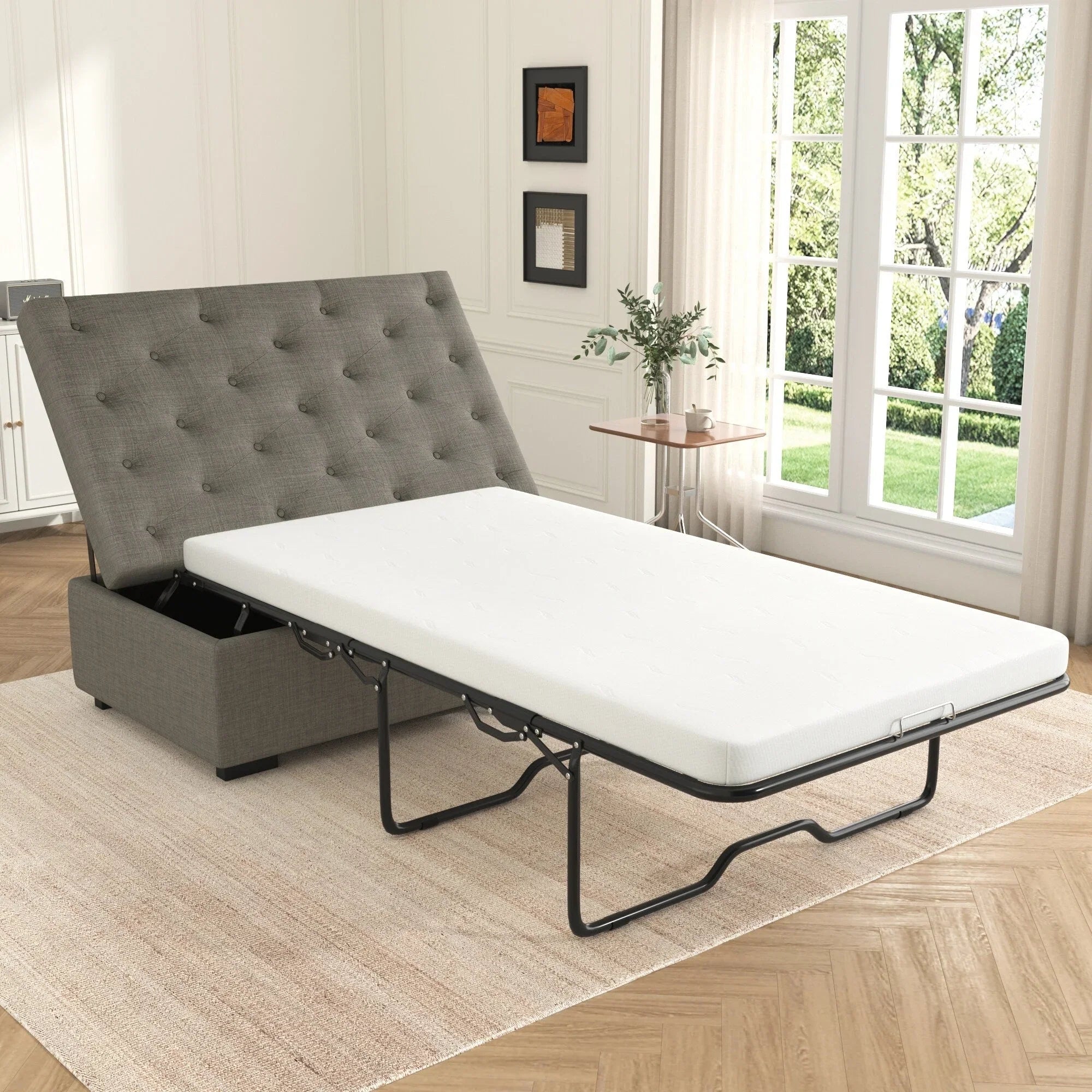 Pouf lit pliant, pouf de 126 cm avec lit pliant, pouf-lit convertible avec matelas à mémoire de forme et design capitonné