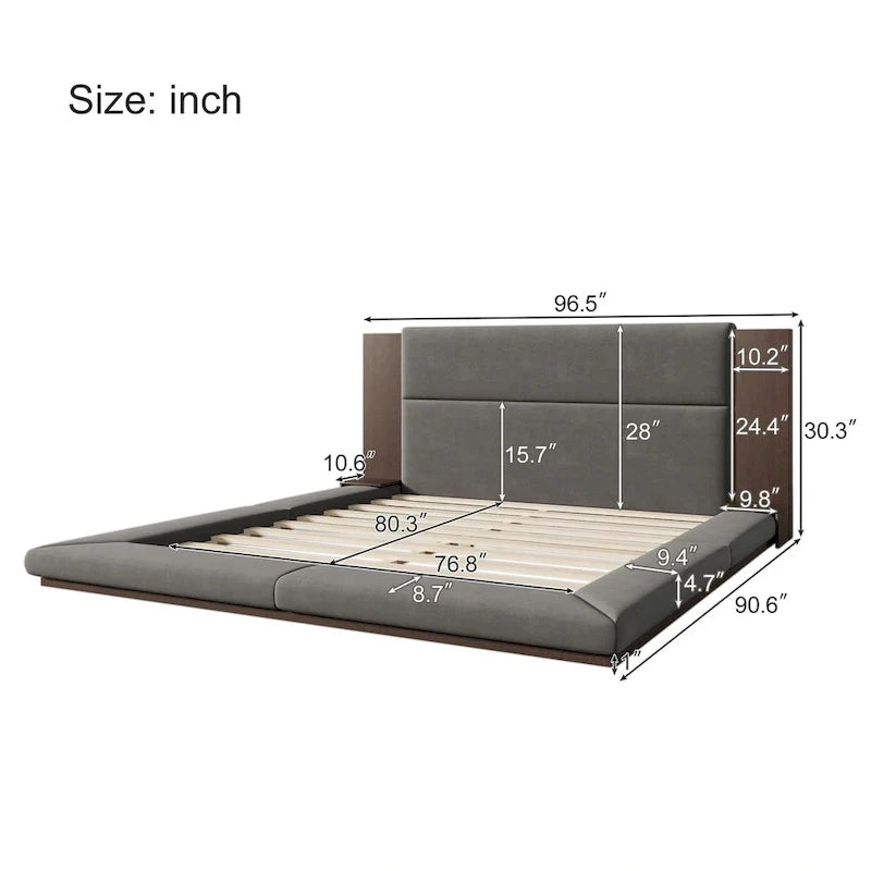 Lit rembourré King Gray Floor à profil bas avec tête de lit en bois étendue, étagères de chevet intégrées