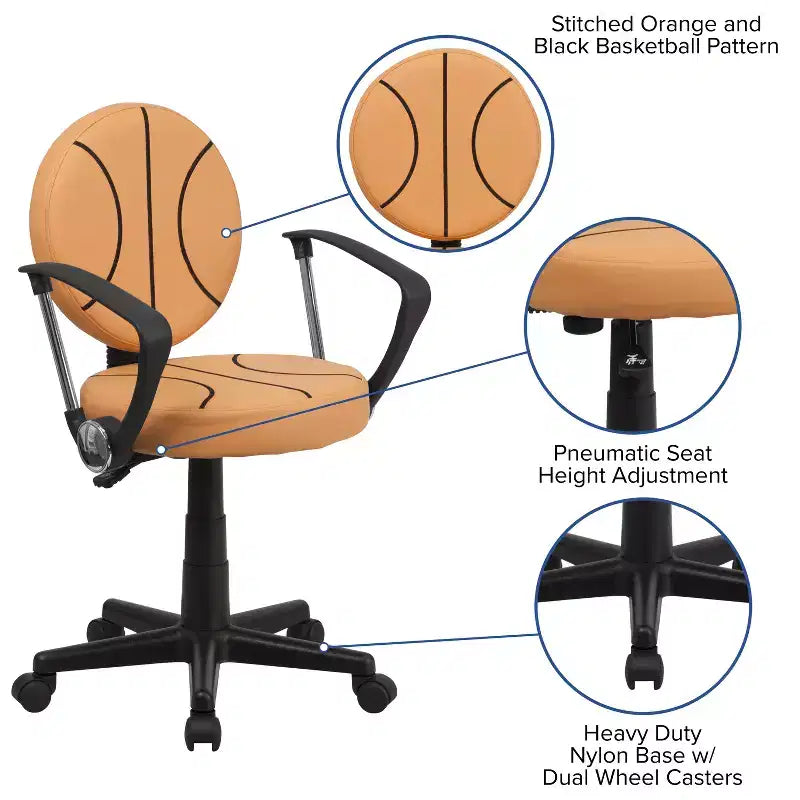 Fauteuil de bureau pivotant sur le thème du sport avec accoudoirs, motif ballon de basketball