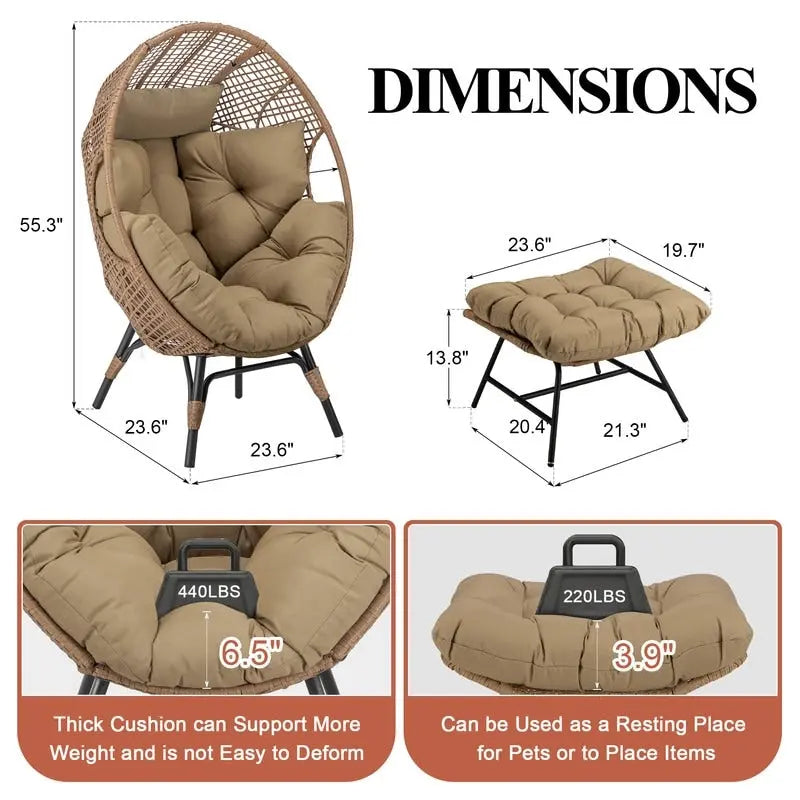 FINCATI Fauteuil Œuf d'intérieur, Fauteuil Œuf d'extérieur 200 kg, Fauteuil Œuf surdimensionné avec pouf, Fauteuil Œuf de luxe confortable avec repose-pieds