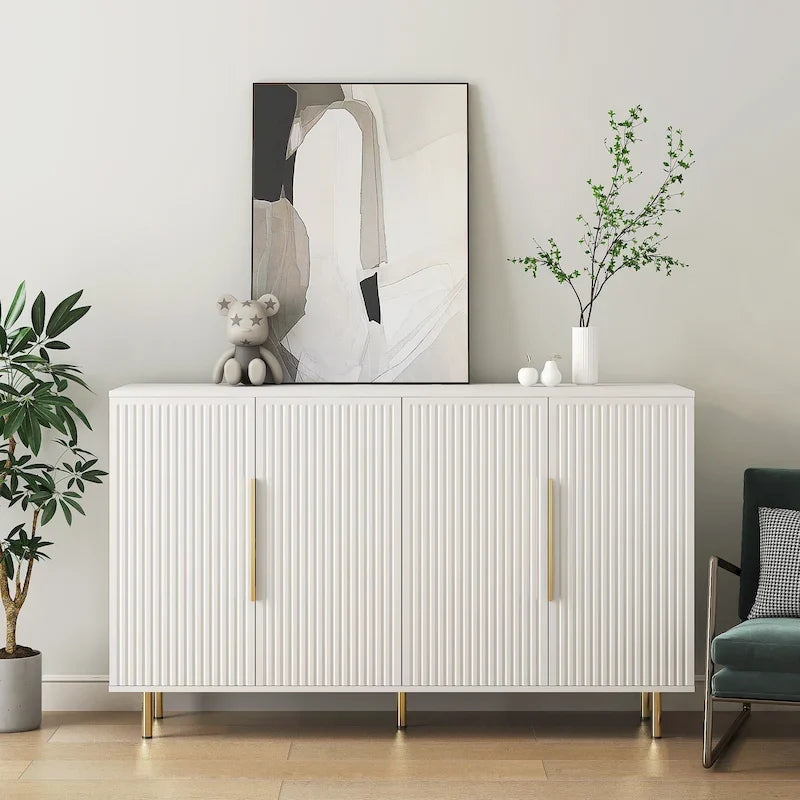 Bahut avec portes décoratives cannelées, buffet en bois avec poignées métalliques, meuble de rangement avec étagères réglables