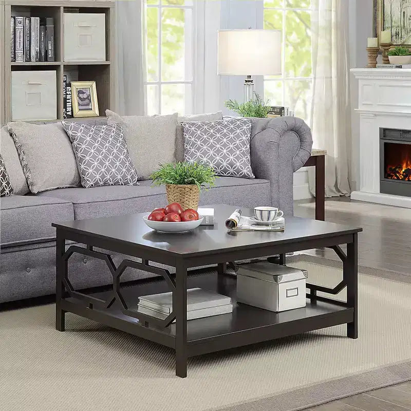 Table basse carrée de 36 po avec étagère ouverte, composite de bois noir