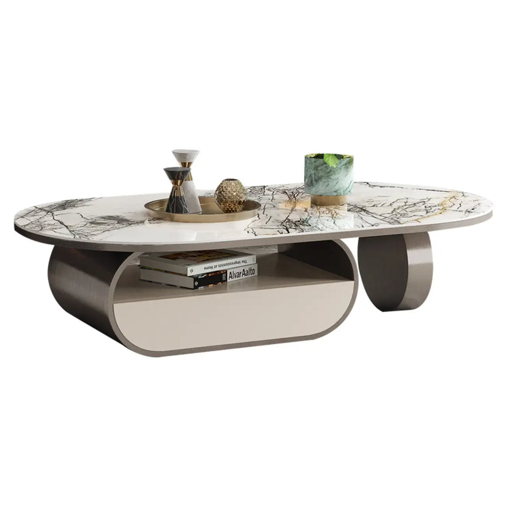 Table basse ovale contemporaine unique avec plateau en marbre et tiroir