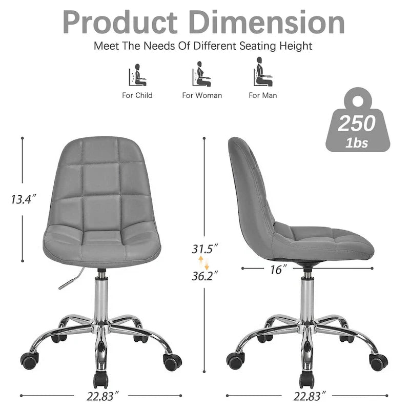 Chaise de bureau à domicile sans accoudoirs Javlergo, chaise de bureau d'ordinateur réglable en hauteur avec roulettes
