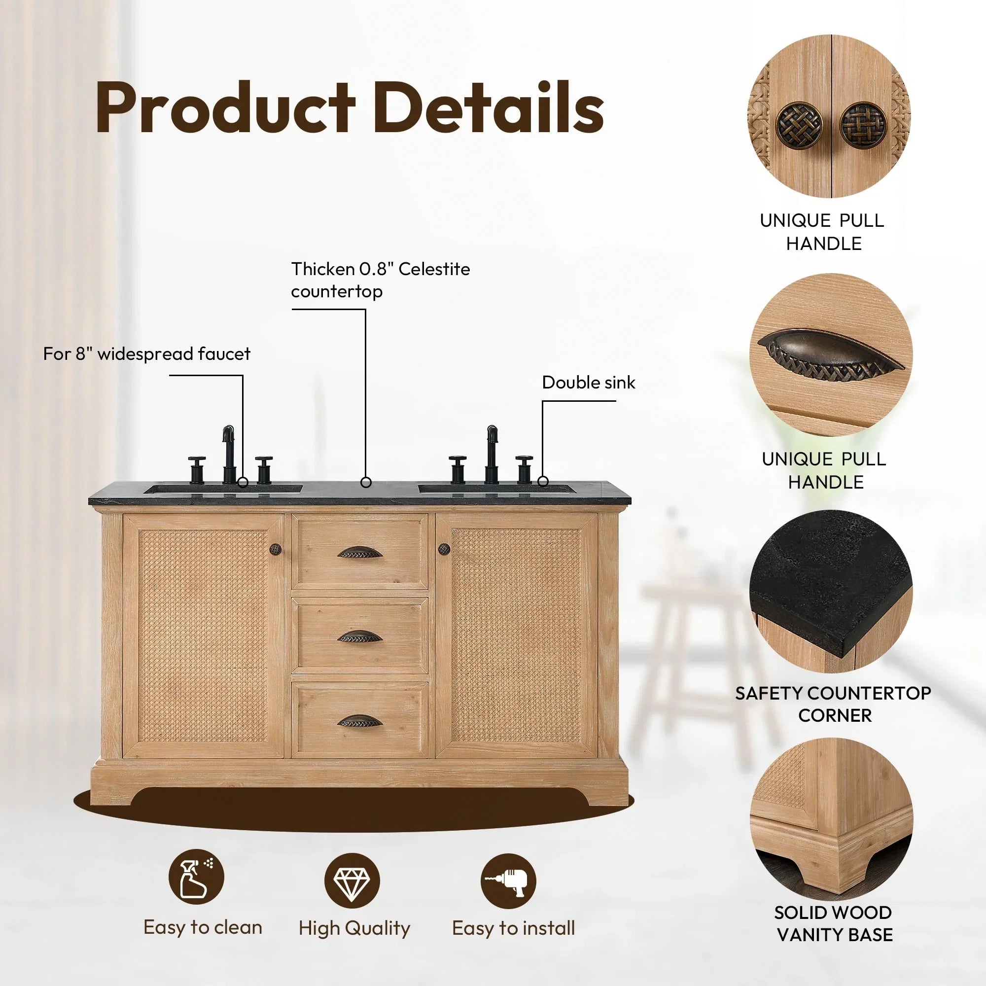 Meuble sous-vasque Hervas avec plateau en marbre naturel, sans miroir