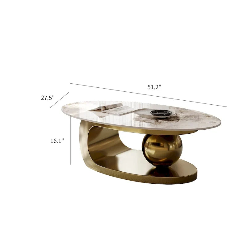 Table basse ovale moderne Pandora 51 avec plateau en pierre frittée brillante, table basse de luxe, pieds en acier inoxydable pour salon