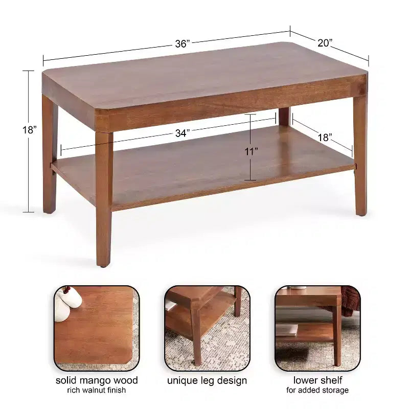 Table basse rectangulaire à deux niveaux en manguier massif, brun naturel