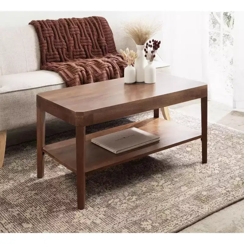 Table basse rectangulaire à deux niveaux en manguier massif, brun naturel