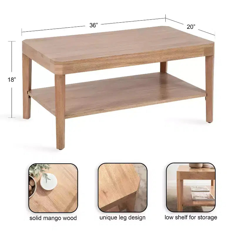 Table basse rectangulaire à deux niveaux en manguier massif, brun naturel