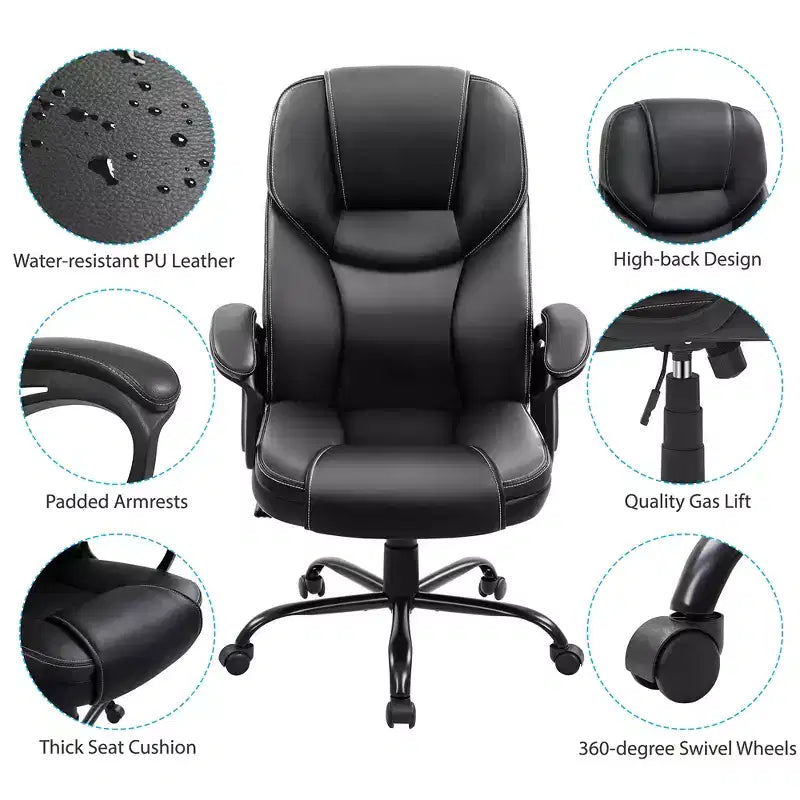 Fauteuil de bureau de direction en similicuir avec dossier haut ergonomique, noir