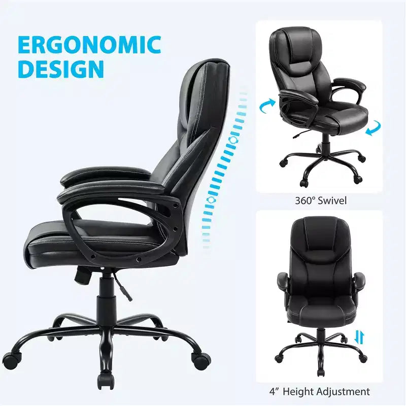 Fauteuil de bureau de direction en similicuir avec dossier haut ergonomique, noir