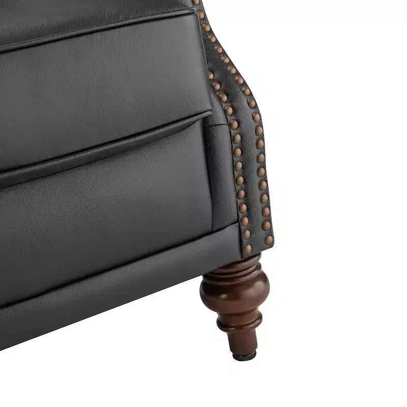 Fauteuil cabriolet en cuir véritable de 84 cm de large avec pieds fuselés en bois et garniture cloutée