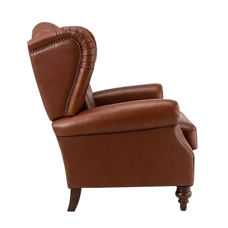 Fauteuil cabriolet en cuir véritable de 84 cm de large avec pieds fuselés en bois et garniture cloutée