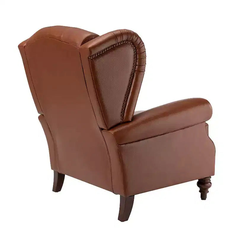 Fauteuil cabriolet en cuir véritable de 84 cm de large avec pieds fuselés en bois et garniture cloutée