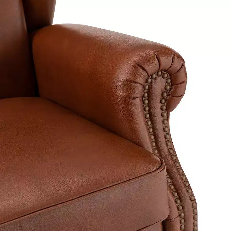 Fauteuil cabriolet en cuir véritable de 84 cm de large avec pieds fuselés en bois et garniture cloutée