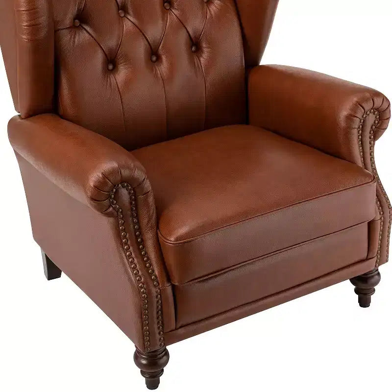 Fauteuil cabriolet en cuir véritable de 84 cm de large avec pieds fuselés en bois et garniture cloutée