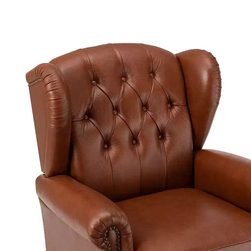 Fauteuil cabriolet en cuir véritable de 84 cm de large avec pieds fuselés en bois et garniture cloutée