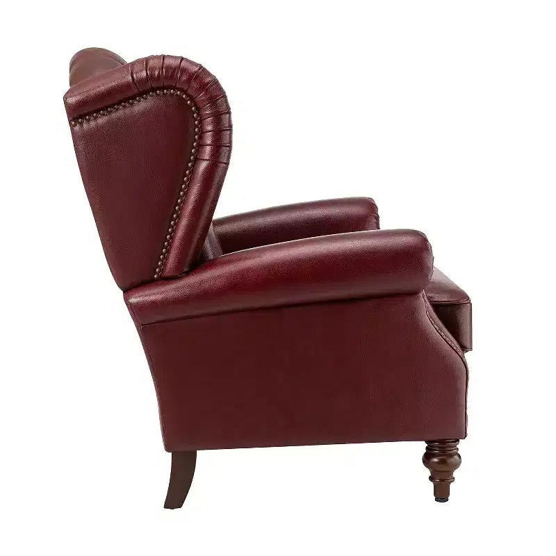 Fauteuil cabriolet en cuir véritable de 84 cm de large avec pieds fuselés en bois et garniture cloutée