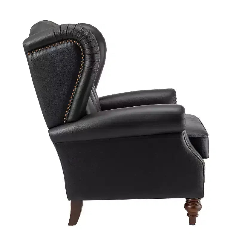 Fauteuil cabriolet en cuir véritable de 84 cm de large avec pieds fuselés en bois et garniture cloutée