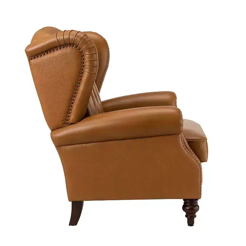 Fauteuil cabriolet en cuir véritable de 84 cm de large avec pieds fuselés en bois et garniture cloutée