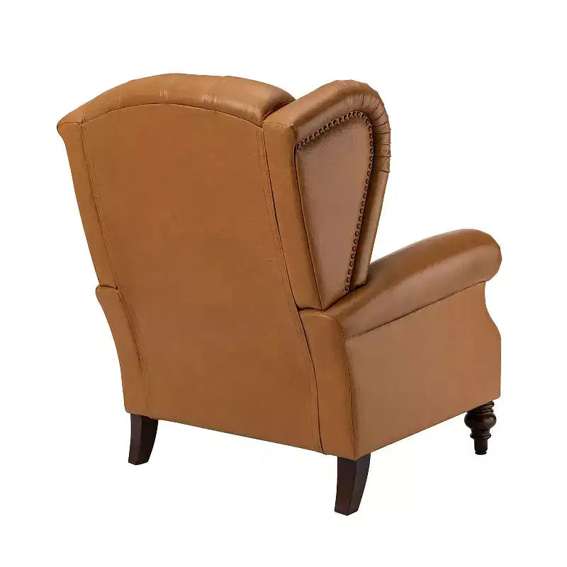 Fauteuil cabriolet en cuir véritable de 84 cm de large avec pieds fuselés en bois et garniture cloutée