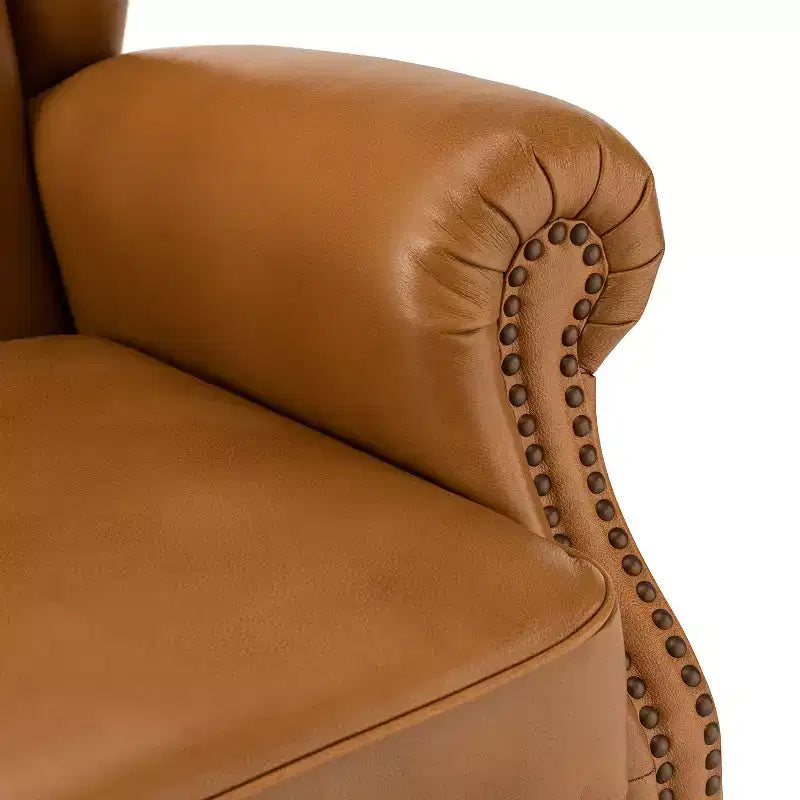 Fauteuil cabriolet en cuir véritable de 84 cm de large avec pieds fuselés en bois et garniture cloutée